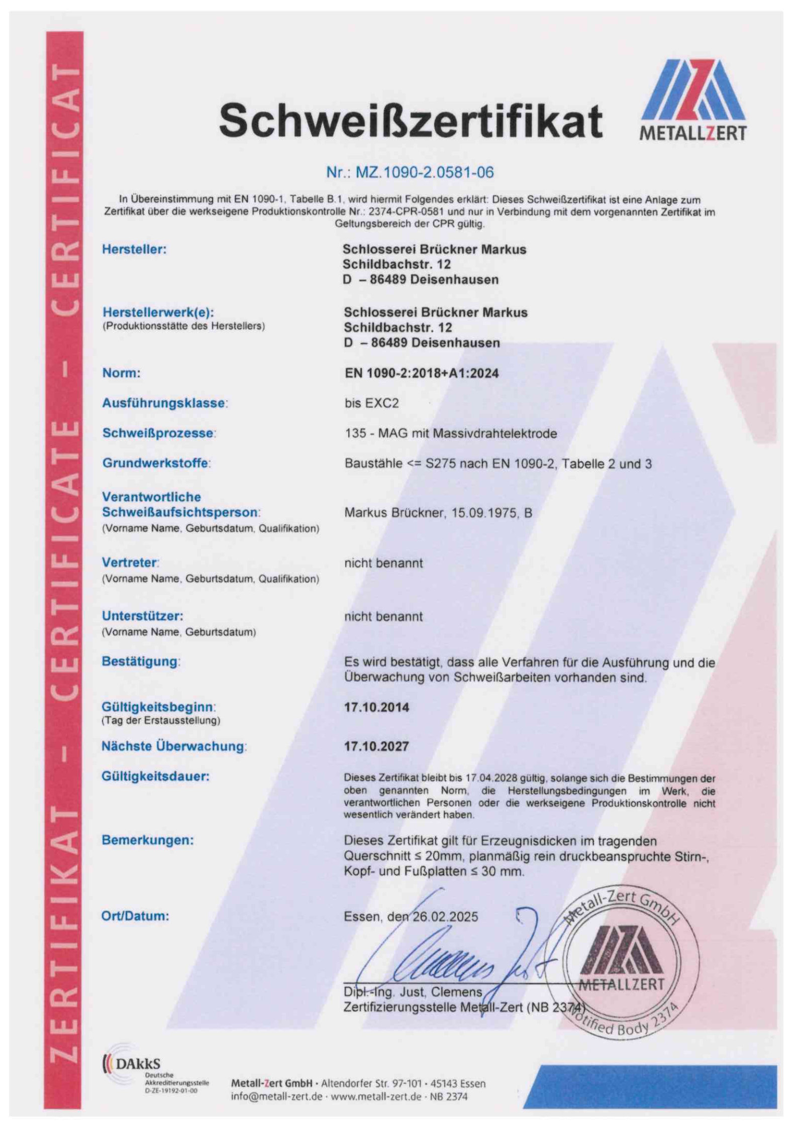 Schlosserei Brückner - Schweisszertifikat